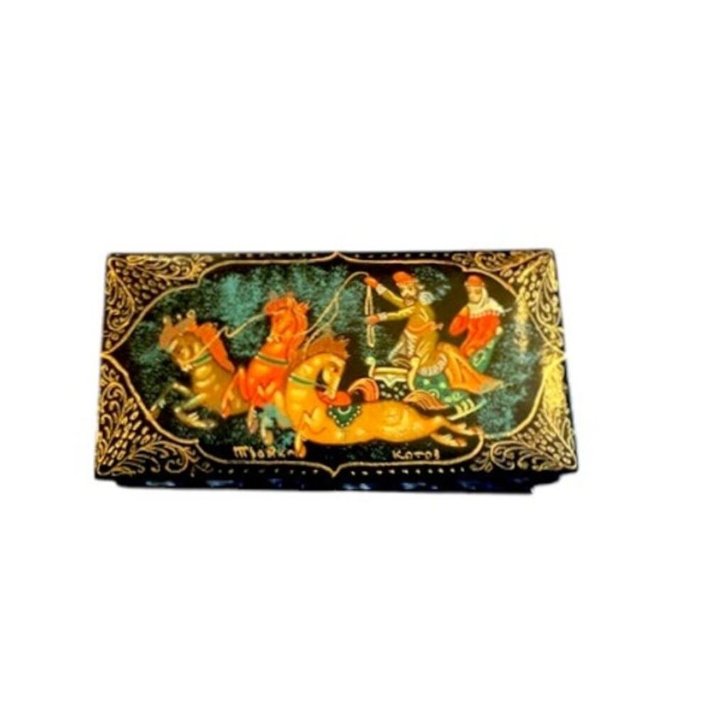 Vintage Palekh Russian Lacquer Troika Box Signed Kotov